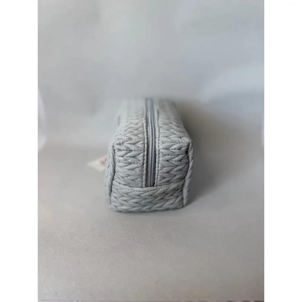 Blush & Crush Chevron-Quilted Puffer Cosmetic Bag in Light Blue/Gray NWT